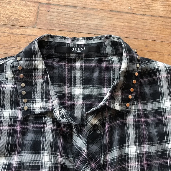 Guess Women's Plaid Sparkle Button Down S Grey Pink Silver Holiday Top Studs - Picture 4 of 5